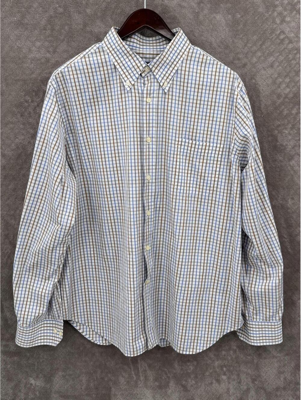 Corneliani Shirt Mens 2XL White Blue Brown Plaid Long Sleeve Button Down Casual